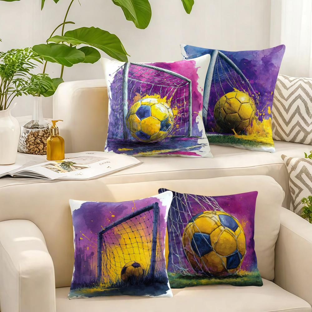 Watercolor Soccer Ball Throw Pillow Covers, Football Goal Net Print Cushion Cases, Sports Fan Decor For Bedroom Living Room