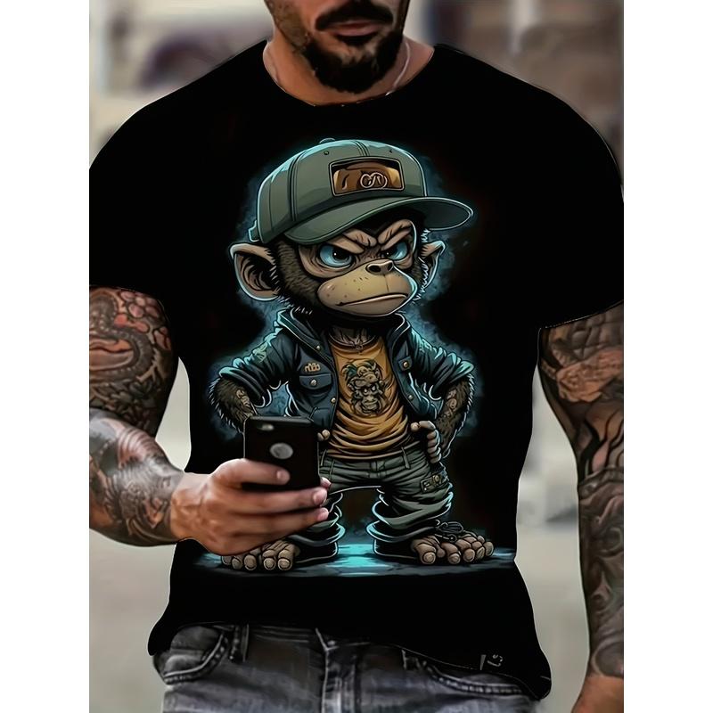 unisex 100% Monkey Graphic T-Shirt - Black Casual Short Sleeve Crew Neck Tee with Vibrant Cartoon Monkey Print, Soft & Breathable All-Season Comfort,