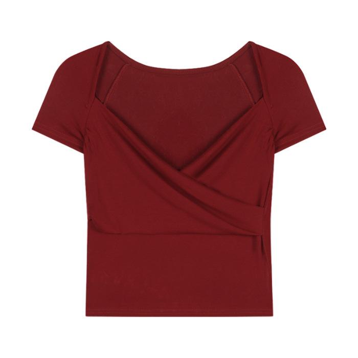 

(11 Modal 111g human cotton) Design cross large V-neck exposed collarbone front shoulder short T-shirt top women Free size (recommended 40-60kg ) красный