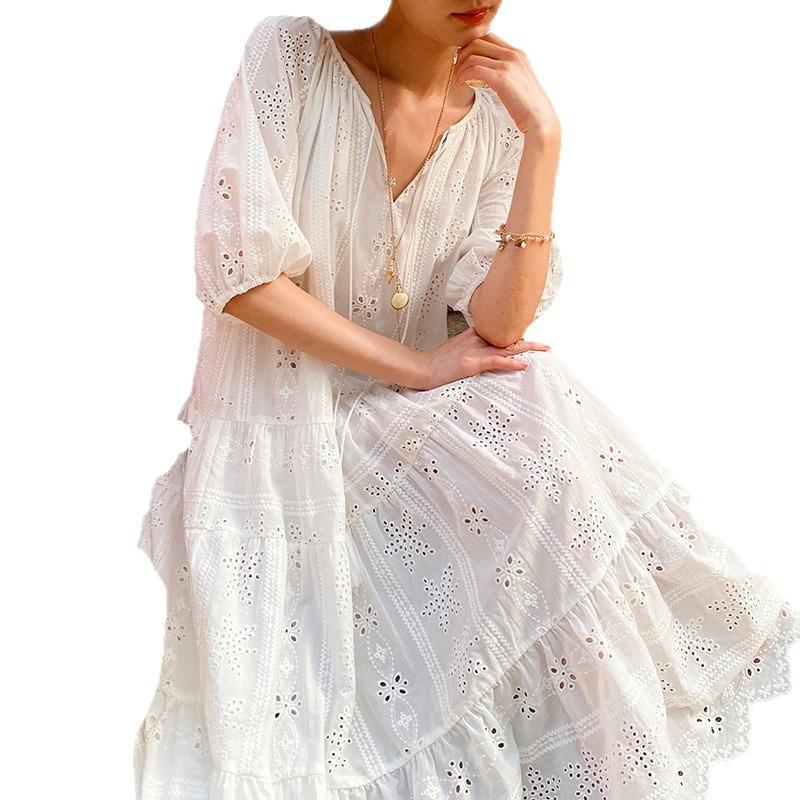 Spring and summer new white dress women's short-sleeved southern French holiday dress hollow beach dress long dress women's clothing