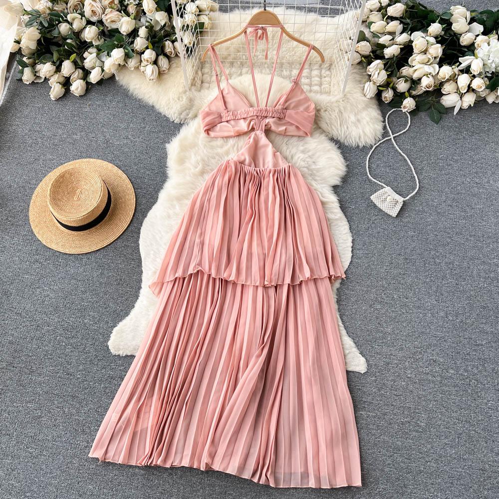 French Sexy Hollow Out Irregular Slim Beach Pleated Dress Women Seaside Holiday New Fashion Sleeveless Bohemian Clothes