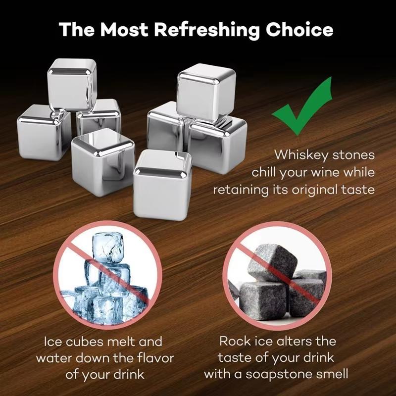 6pcs/set Stainless Steel Reusable Ice Cubes Chilling Stones with Tongs Whiskey Stones Drink Coolers for Wine YY021