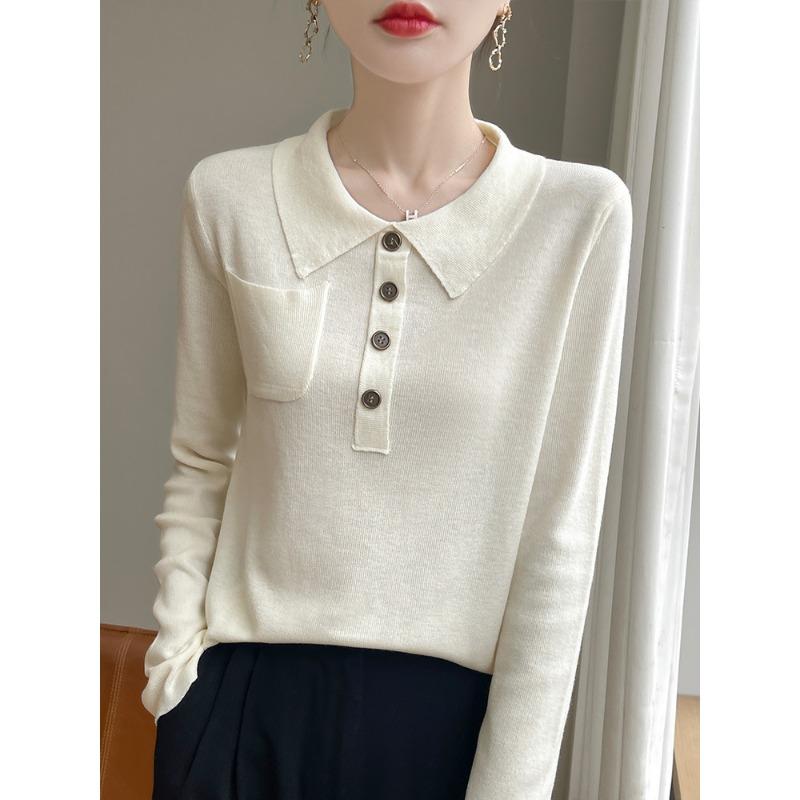 

PO collar solid color with buckle pocket, thin and thin commuting versatile worsted knitted sweater, women s knitted long sleeves S