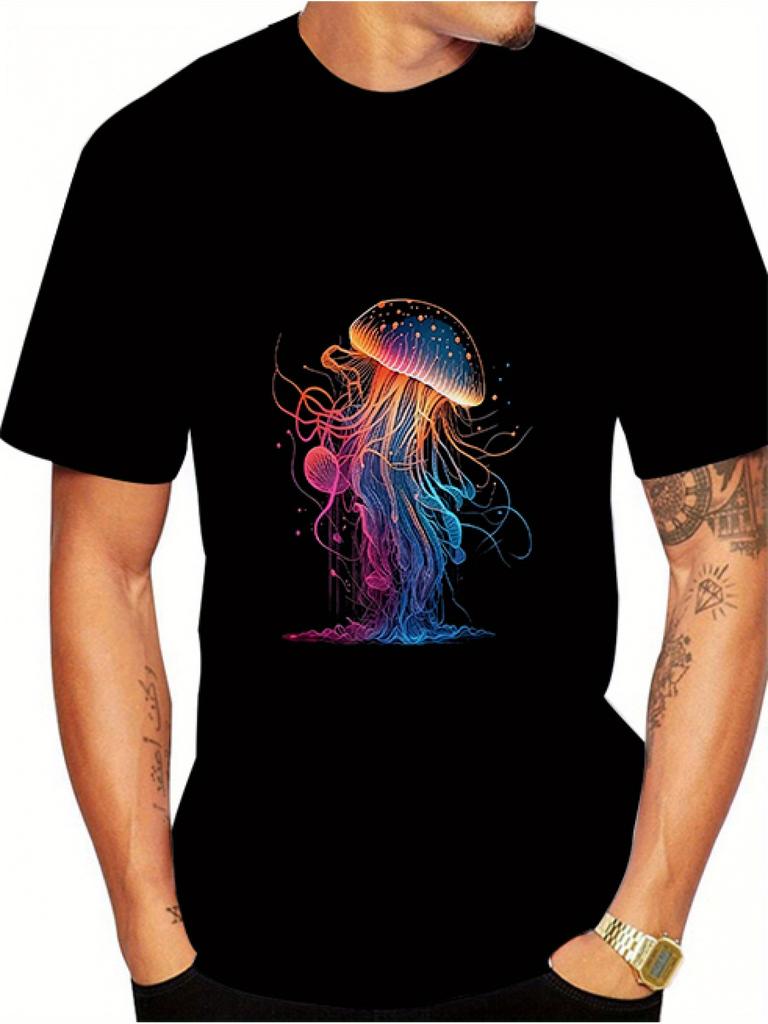Vibrant Neon Jellyfish Graphic Tee Mens Breathable Round Neck Short Sleeve TShirt Casual