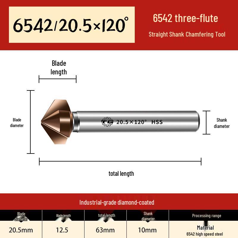 Tiangong 6542 Cobalt HSS 60° Single-Edge Chamfering, Deburring, and Countersink Cutter with Straight Shank.