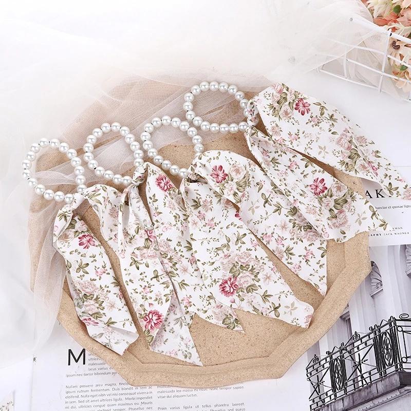Woman Hair Scarf Ribbon Pearl Ties New Korean Style Hairband Scrunchies Girls Ponytail Holders Rubber Band Hair Accessories