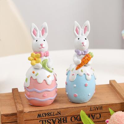Easter Colorful Egg Bunny Figurine Hand-painted Flower Carrot Egg Rabbit Statue Decorative Animal Sculpture Spring Easter Party Decoration
