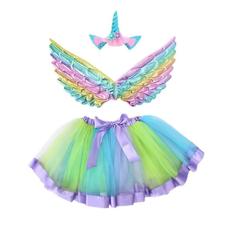3pca/set Halloween Costume Set with Unicorn Horn Hairband and Angel Wings Polyester Tulle Party Performance Outfit for COS Play