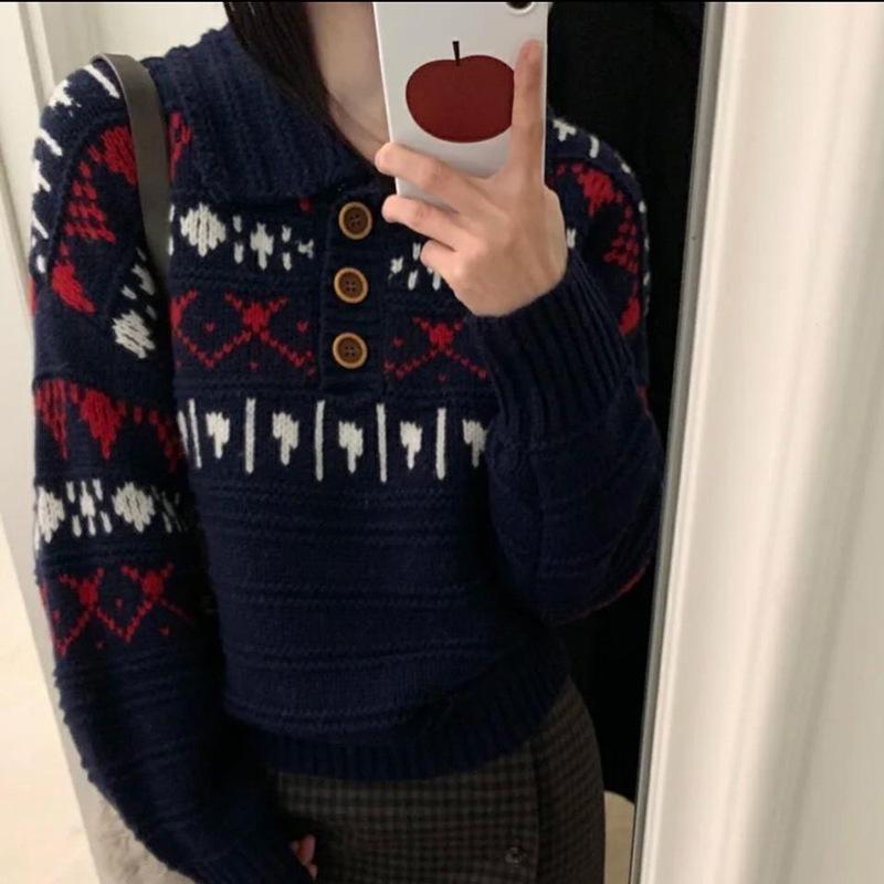 Women's European High-End Fair Isle Wool Polo Sweater - 100% Pure Wool for Autumn & Winter