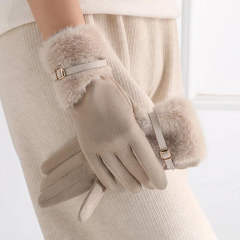Women's Winter Gloves Fleece Lining, Warm, Windproof, Cold-Resistant, Plush Decoration, Suitable for Driving and Cycling, 1 Pair