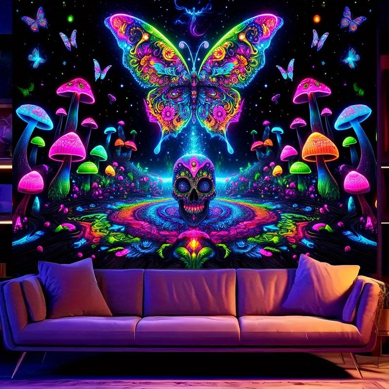 Halloween Psychedelic Tapestry Butterfly Skull Neon Mushroom Forest Esports Room Music Festival Decor 100X70CM