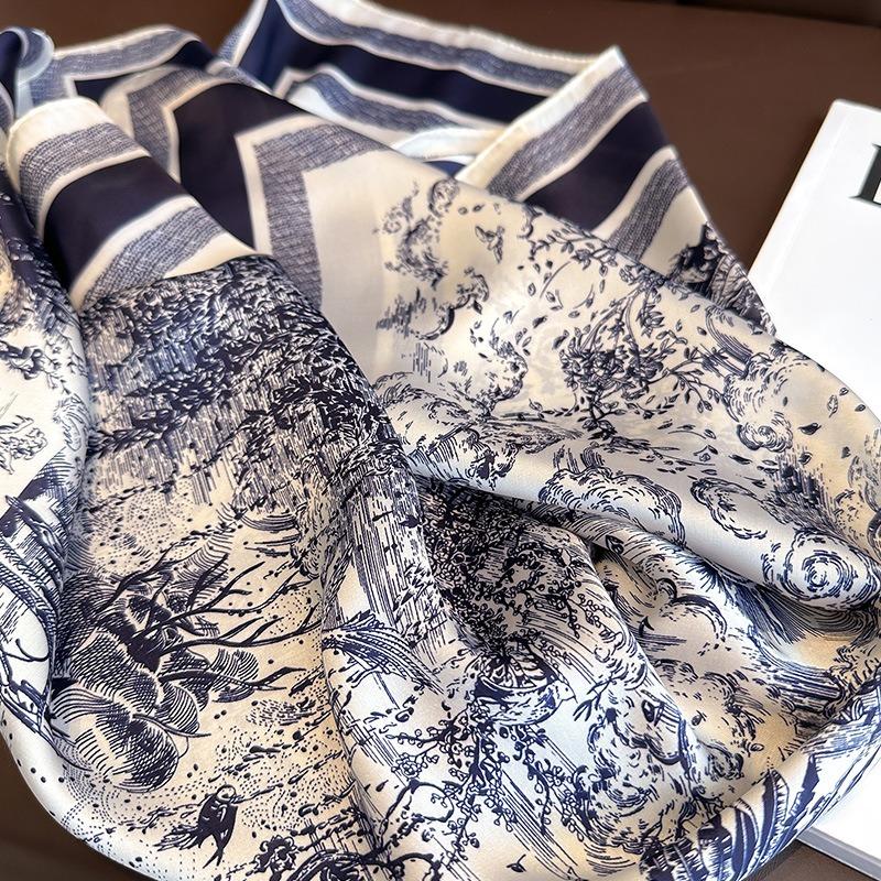 1 szt. 70cm Miękka chustka na szyję z nadrukiem roślinnym Kobiety Symulowany jedwab Eleganckie Wszechstronne szaliki Dodatki odzieżowe Kwadratowa chustka