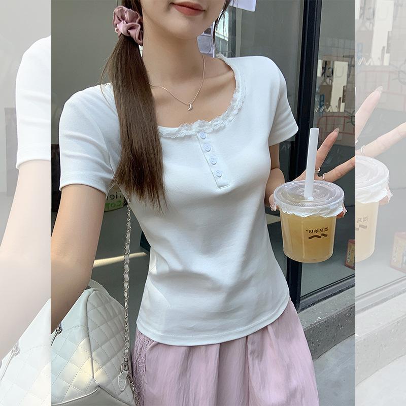 Pure Lace Low Crew Neck Short Sleeve T-Shirt Women's Summer New Clavicle Button Slim Fit Bottom Shirt Top