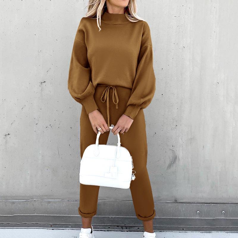 2022 Women's High Neck Sweatshirt & Solid Color Pants Set - Autumn/Winter Collection FD89940125