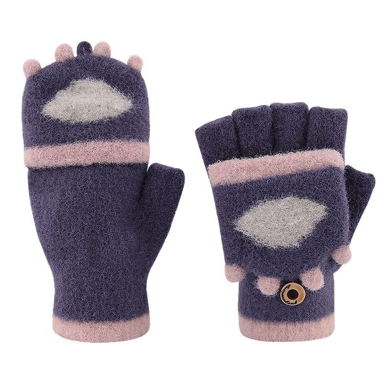 Half Finger Flip Student Gloves Winter Wool Writing Fleece Thickened Cute Cartoon Warm Dew Finger Children's Gloves