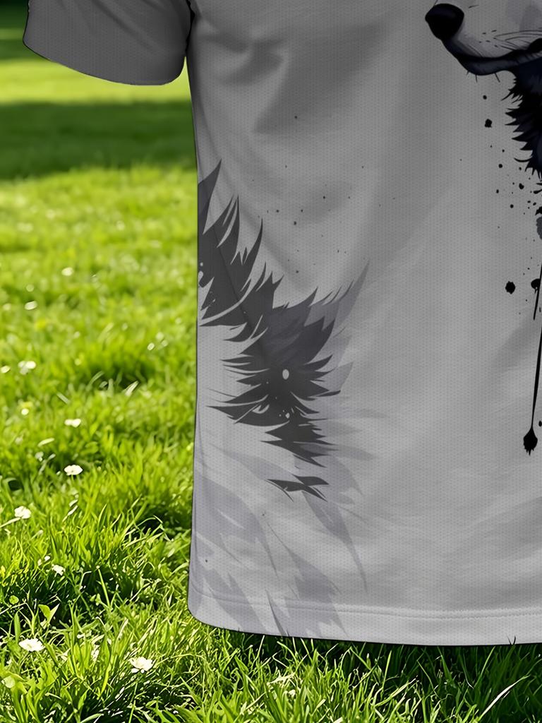 Men's Polo Shirt, Ink Wash Wolf Print T-Shirt, Summer Fashion Commuting Apparel, , Men's Clothing