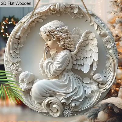 Panneau en Bois Rustique avec Motif d'Ange - Charmant Panneau Rond pour Décoration à Suspendre sur Porte d'Entrée, Mur, Porche - Décoration de Maison Idéale