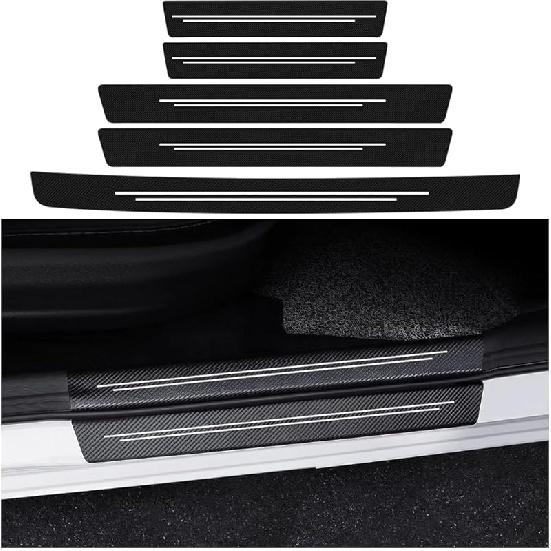 5PCS Car Door Sill Protector for 2024 2025 Dodge Hornet, Carbon Fiber Textured Leather Door Sill Guard Decoration Stickers Waterproof Door Threshold