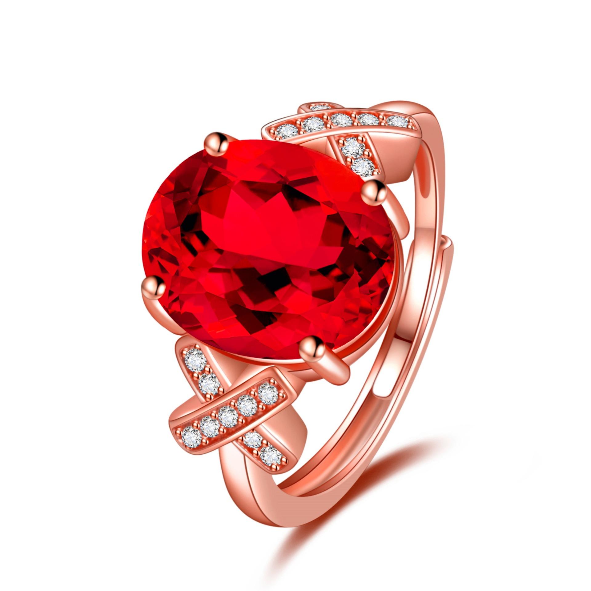 Temperament cross set zircon ruby ring plated with 18K fashionable and atmospheric oval red diamond ring for women 2026 Resizable