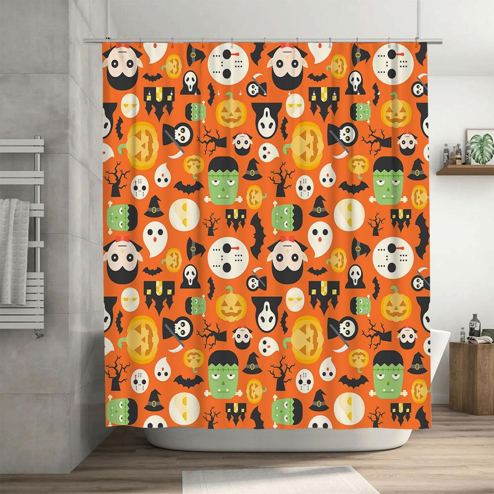 Strašidelný Halloweenský Sprchový Závěs Oranžové Lebky Duchové Dekorativní Látka Vodotěsný Kryt na Vanu Domácí Dekorace Umělecký Koupelnový Doplněk