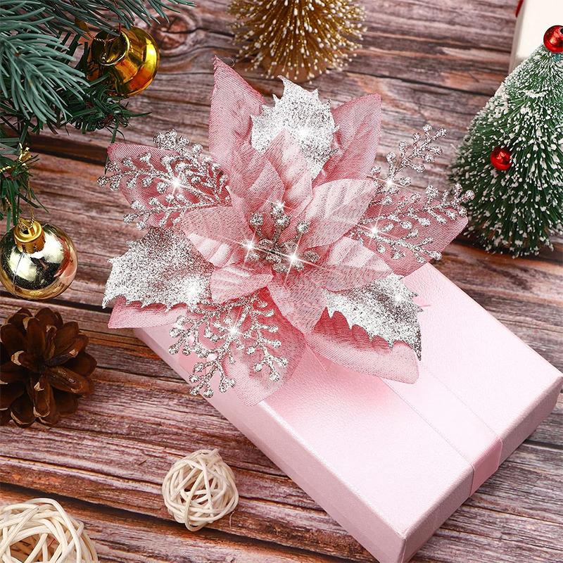 3/5/10Pcs 14.5cm Glitter Artifical Christmas Flowers Mreey Christmas Tree Decoration Happy New Year Ornaments Xmas 2025 Navidad