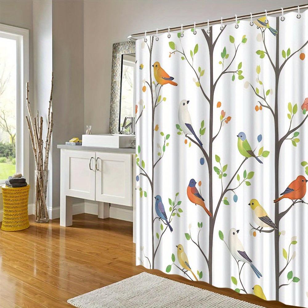 1Pc Colorful Birds Watercolor Shower Curtain, Nature-Inspired Polyester Fabric, Water-Resistant Bathroom Decor With 12 Hooks,