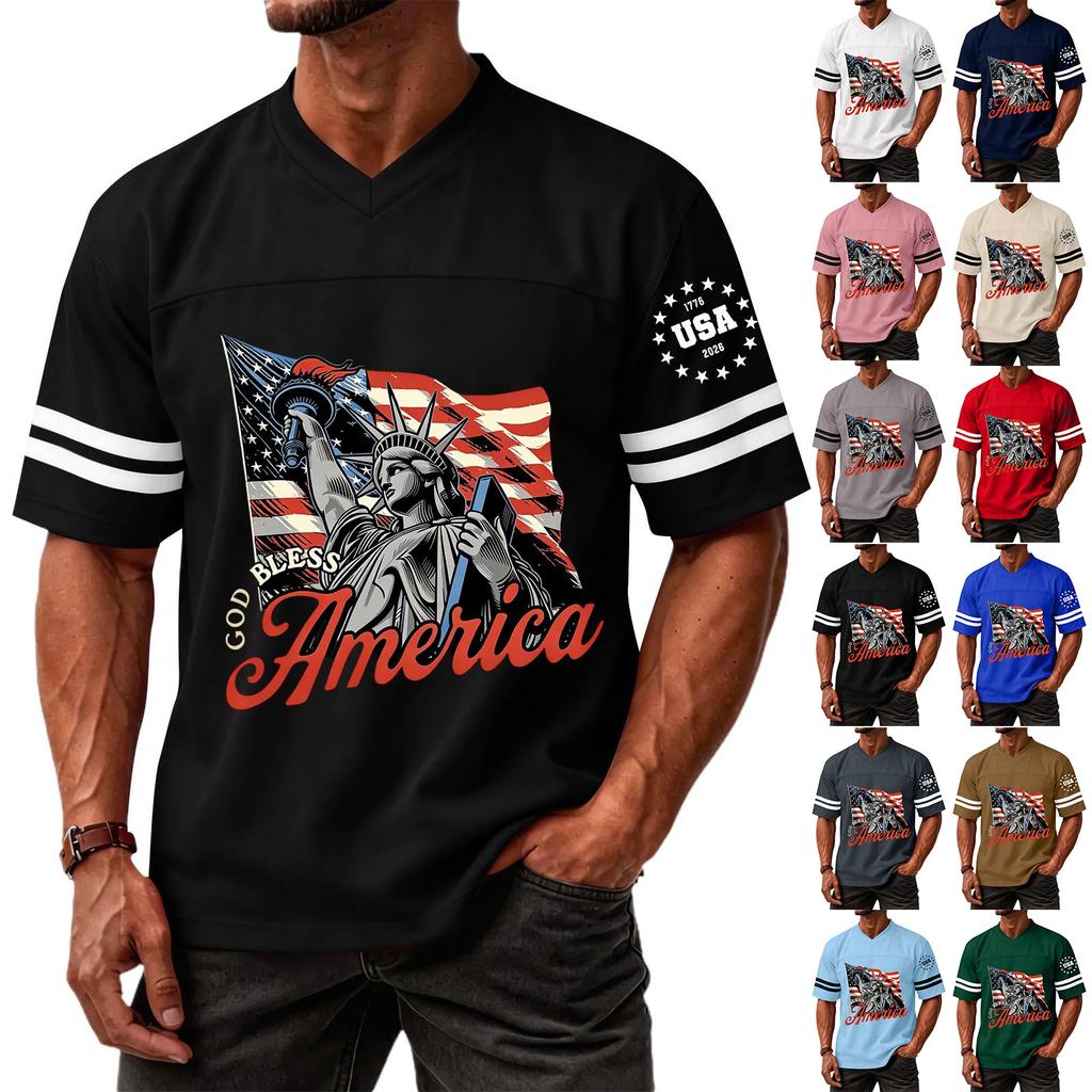 Casual V Neck Sports Jersey Short Sleeve T Shirt with Graphic Print USA Independence Day Theme Athletic Top for Men