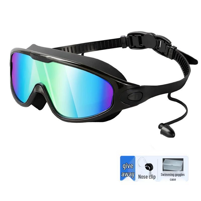 Large Frame Plated Waterproof Anti-Fog Swimming Goggles with One-Piece Earplugs for Men and Women