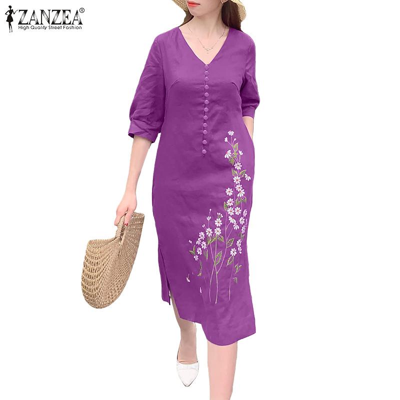 ZANZEA Women Casual V-Neck 3/4 Sleeve Loose Floral Embroidery Dress
