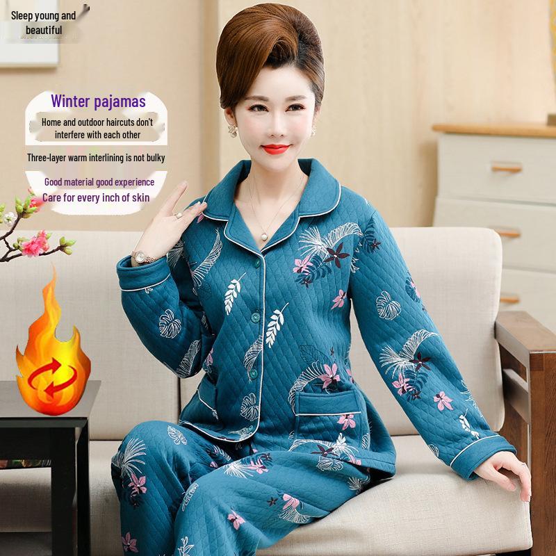 Women's Thick Warm Knitted Cotton Pajamas for Autumn/Winter - Middle-Aged & Elderly Sleepwear, Versatile Home & Outdoor Wear