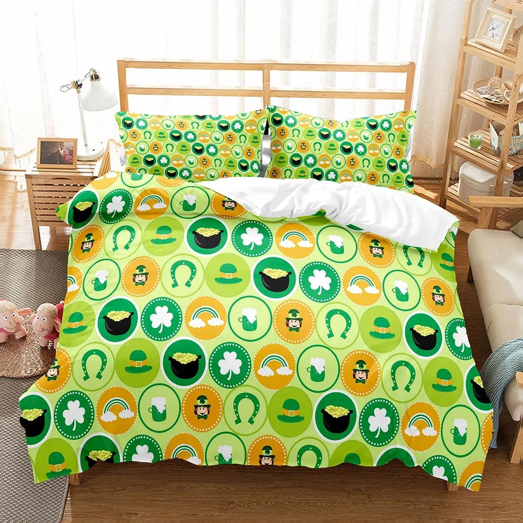 Happy St Patrick's Day Duvet Cover Set Plant Clover Bedding Set Green Lucky Leaf Quilt Cover Botanical Leaves Bedspread Cover