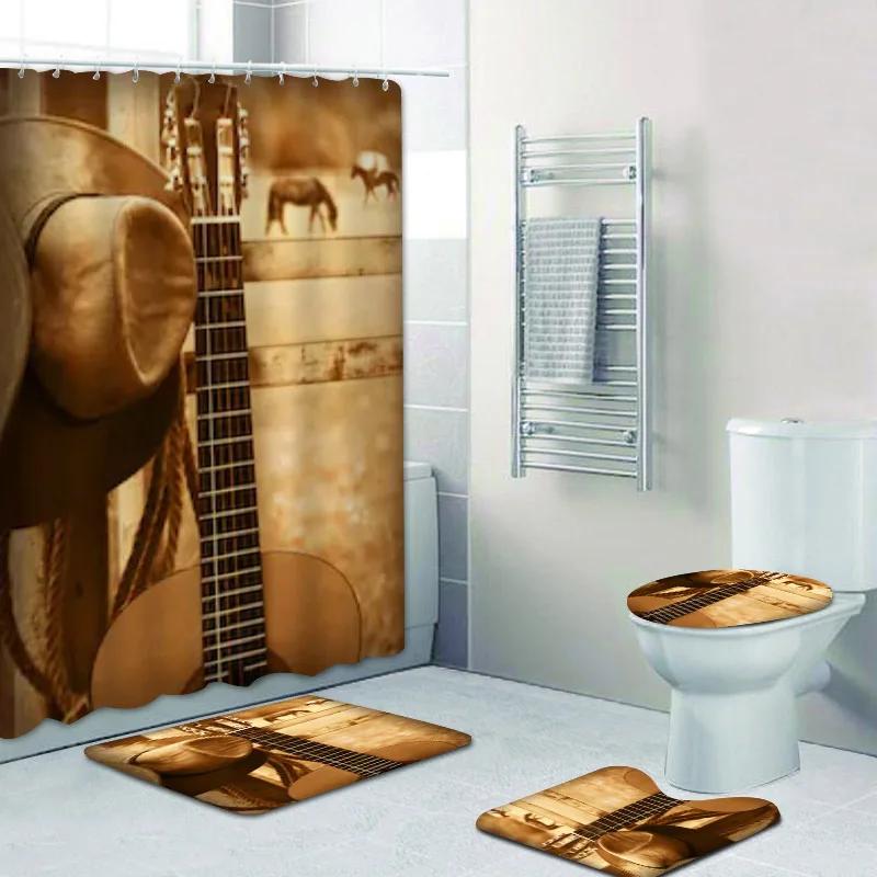 Rustic Western Cowboy Shower Curtain Set American Country Music Bathroom Curtain Set Bath Mat Rug Carpet Bathtub Accessories