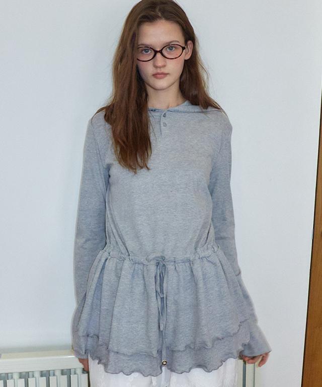 Ronron Drawstring Ruffle Layered Long Sleeve Hoodie Dress Gray
