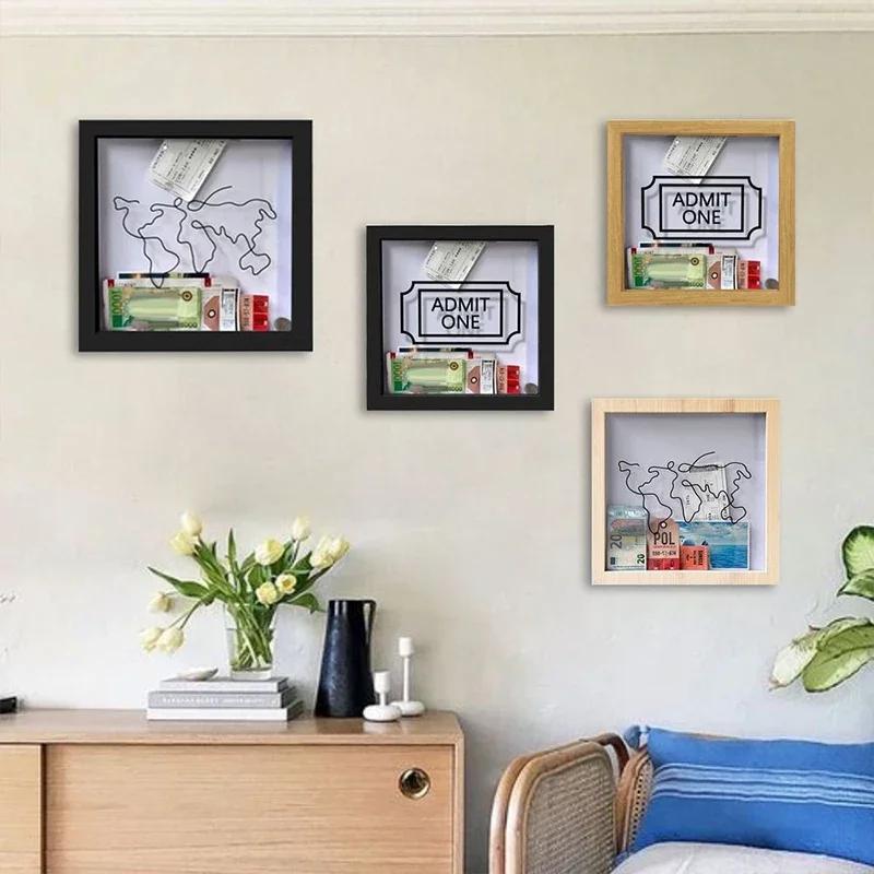 Travel Adventure Archive Box Ticket Bank Money Box Piggy Wooden Coin Saving Kids Fund Box Postcard Souvenir Wall Picture Frame