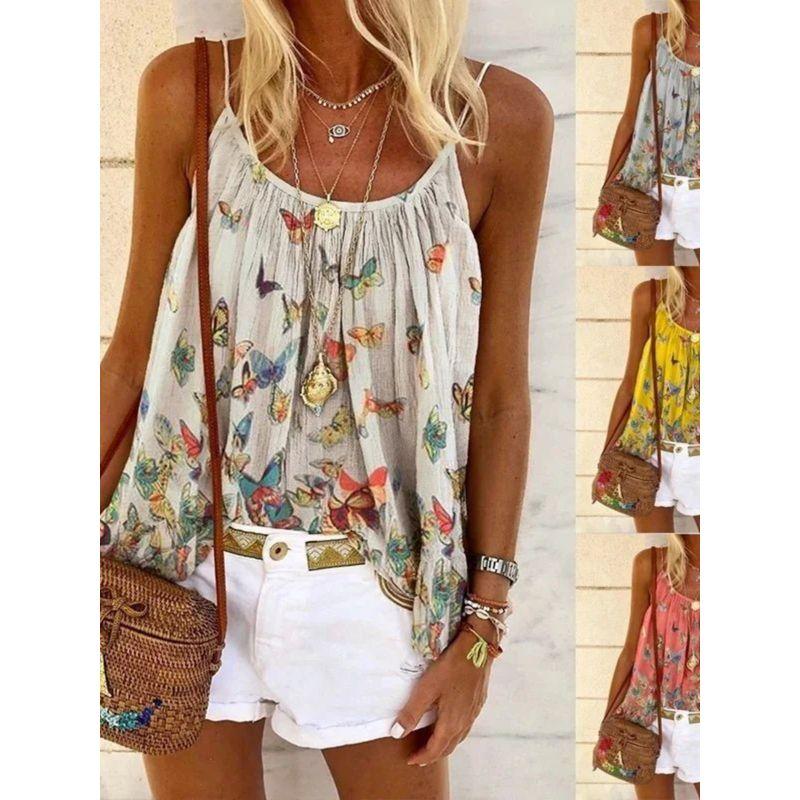 Butterfly Print Halter Top T-shirt Fashion Butterfly Print Sling Tops T-shirt for Women