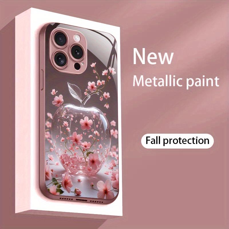 Cherry Blossom For Apple Pattern Pink Metal Paint Tempered Glass Case For iPhone 17 16 15 14 13 12 Pro Max Plus 16E 17Air Cover