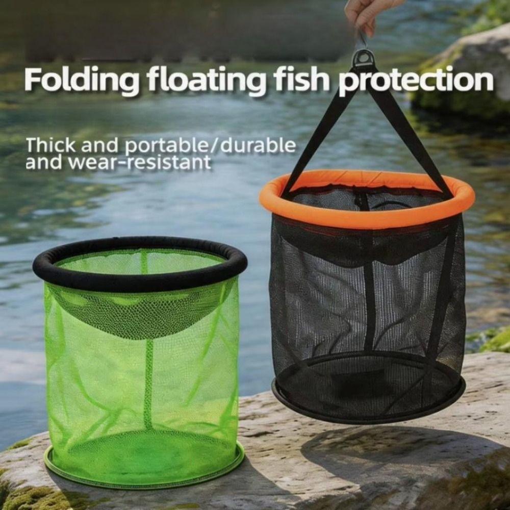 Drawstring Closure Foldable Fishing Basket Durable Mesh Live Fish Net Fishing Gear Tackle