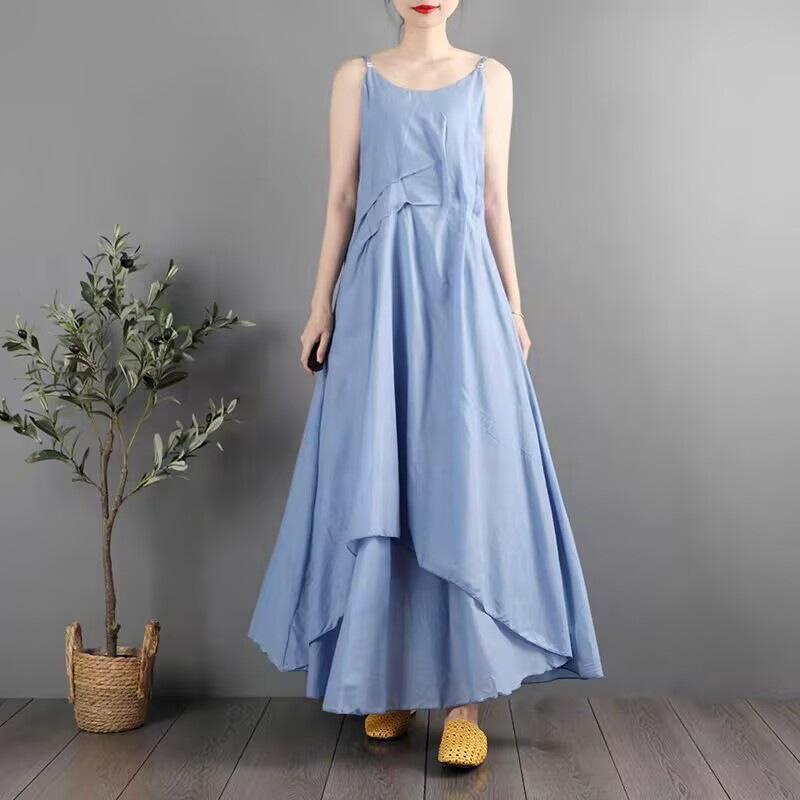 

Mori ретро платье без рукавов из хлопка и льна женское летнее свободное и тонкое двухслойное платье на подтяжках снизу XL синий