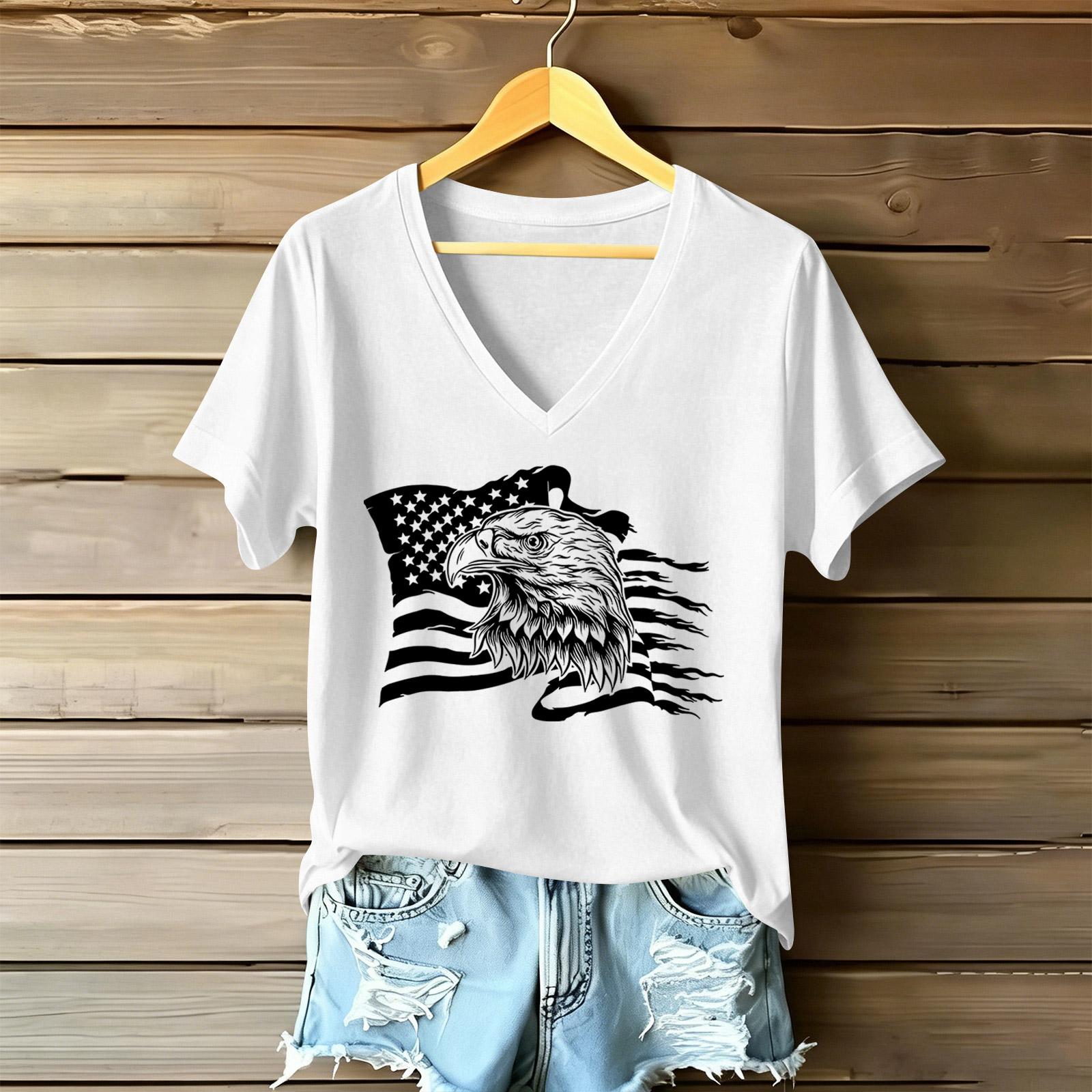 

Women s Fashionable V-Neck Casual Retro Print Short Sleeved T-shirt Top XL білий