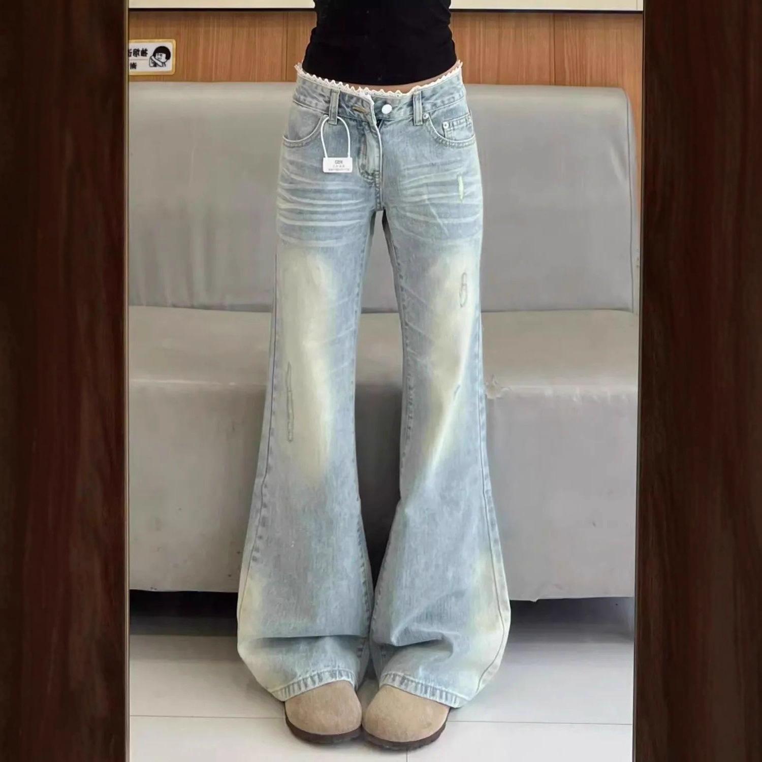 

Women s Fall 2025 American Light Blue Lace Trim Patchwork Micro Flare Jeans M светло-синий