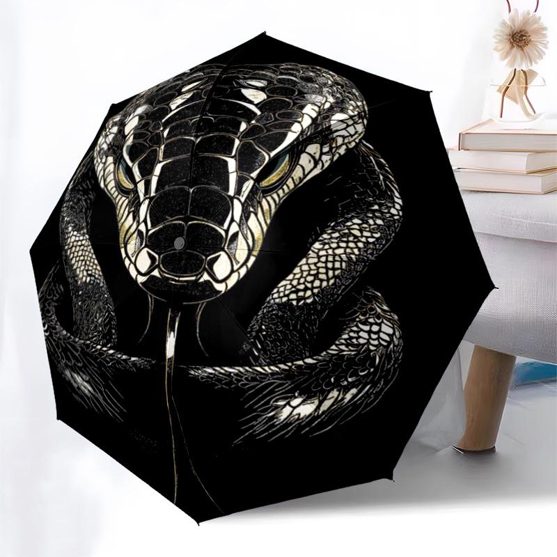 Black and White Snake Head Print Automatic Opening Folding Umbrella with 8-Bone Iron Frame - Perfect for Fans, Travelers, Daily Use, and Fes