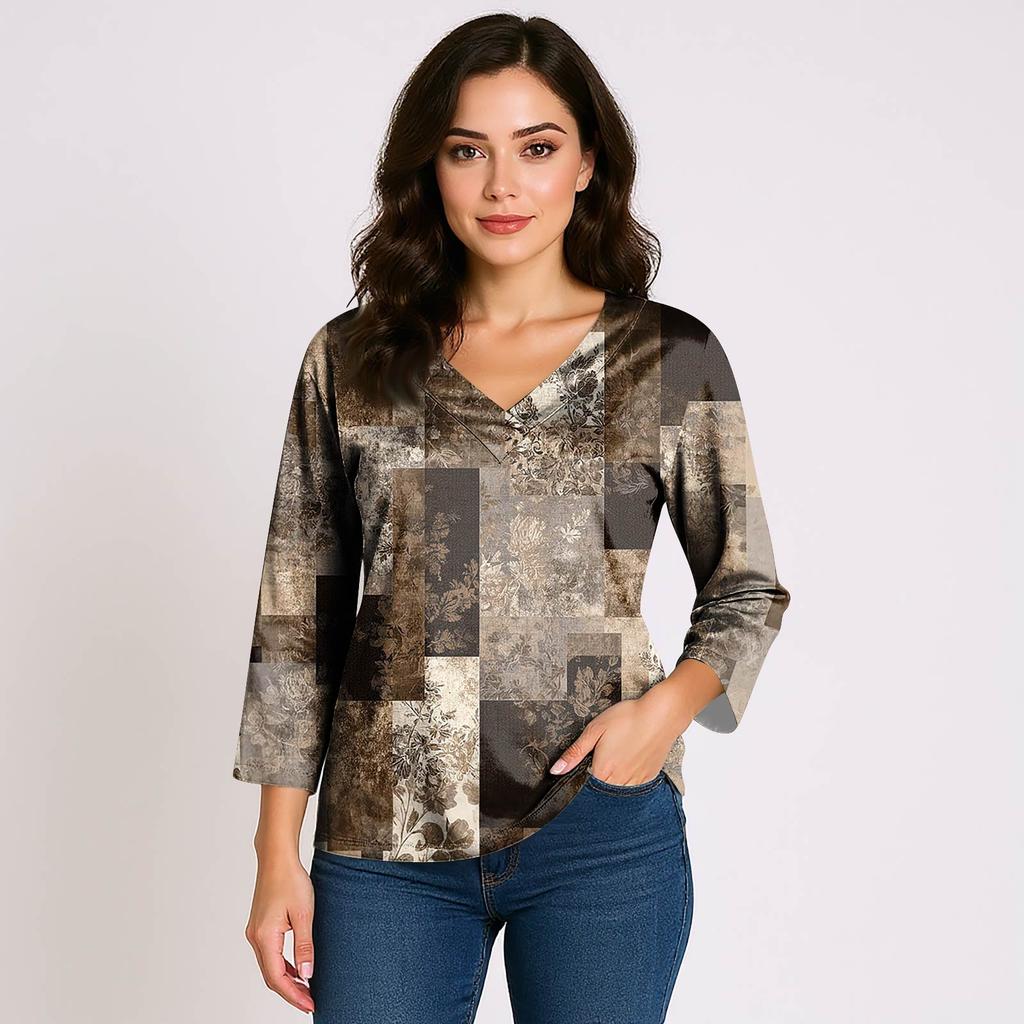 Women's 3/4 Sleeve Shirts V Neck Print Tops Casual Tops Basic Tees Blouse Loose Tops