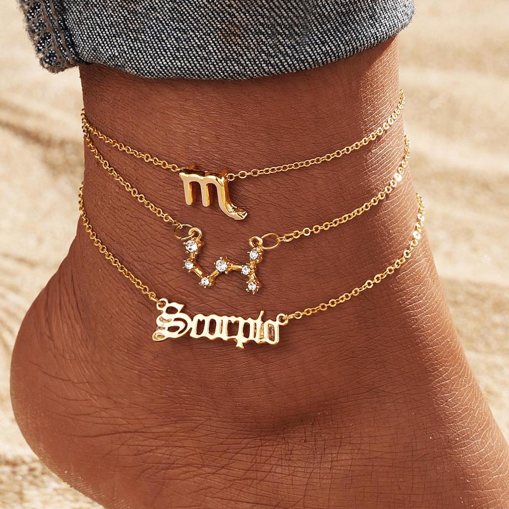 12 Constellation Multilayer Zodiac Anklet Set for Women - Gold Rhinestone High-End Jewelry, 3-Piece
