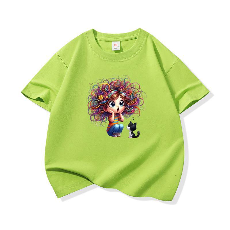 Kids Cotton T Shirt Surprised Colorful Hair Girl And Black Cat Print Crew Neck Short Sleeve Tee Casual Boys Girls Summer Tops