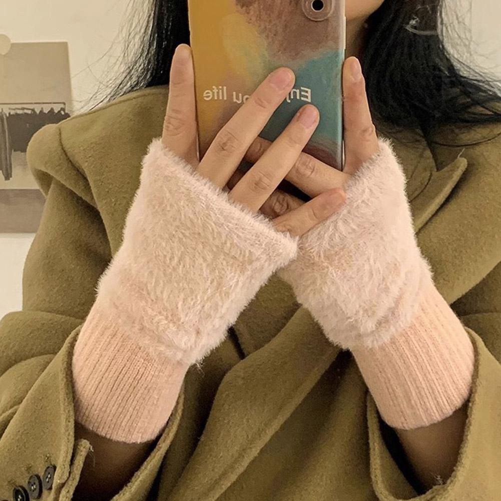 Halbfinger-Fäustlinge Winter Faux Fur Halbfingerhandschuhe für Damen Handgelenkwärmer mit Daumenloch, Flauschige Fleece-Fingerlose Handschuhe