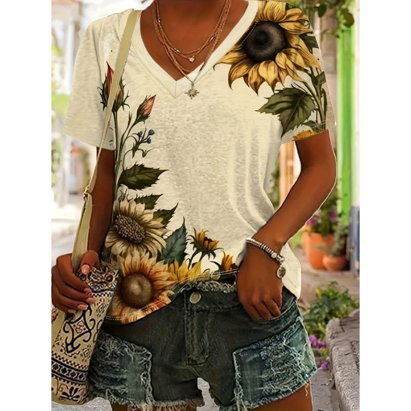 

Sunflower Printed T-Shirt, Casual Short Sleeve V Neck Top Spring Summer, Women Clothing S