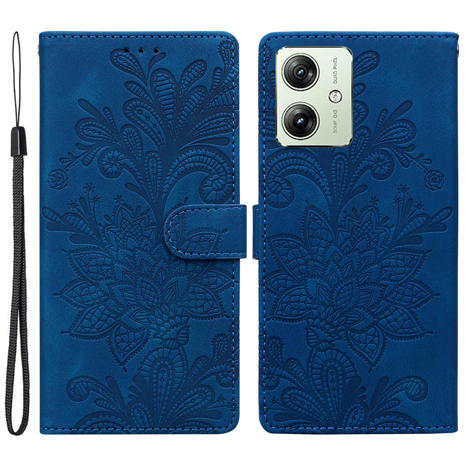 

For Motorola Moto G64 5G/G54 5G Case Imprinted Lace Flowers PU Leather Wallet Phone Cover Dark Blue