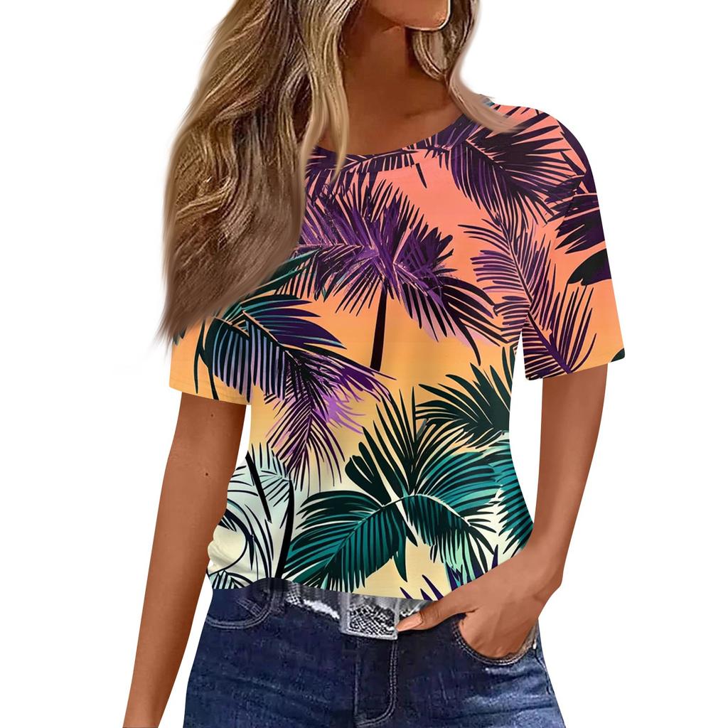 Damski modny, swobodny, krótki rękaw, nadruk, okrągły dekolt, bluzka typu pullover