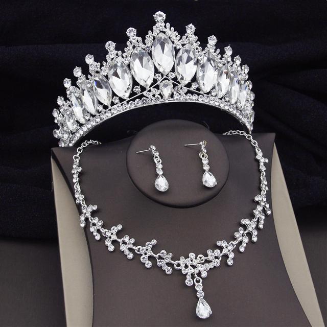 

Наборы свадебных украшений с кристаллами в стиле барокко для женщин, роскошная тиара, ожерелье с короной, серьги, свадебное платье невесты, комплект ювелирных изделий для выпускного вечера в Дубае серебро белый