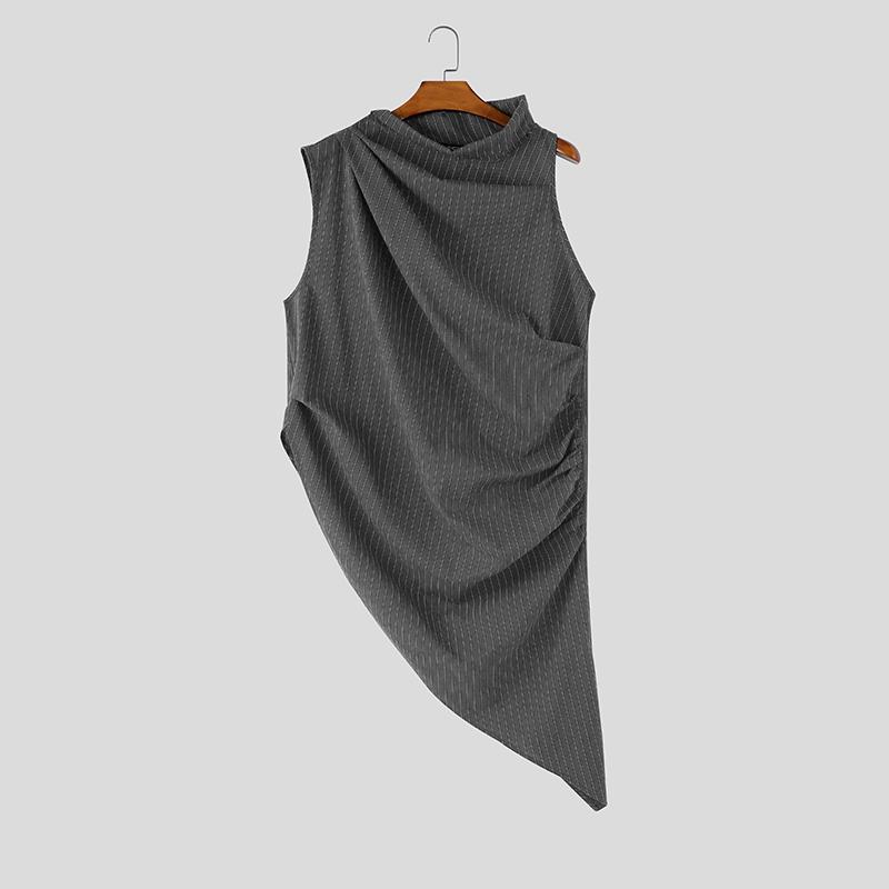 INCERUN Summer Men Swing Collar Sleeveless Asymmetry Striped Loose Long Tank Tops S серый